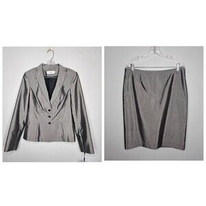 CALVIN KLEIN Skirt Suit Womens 14 Silver Metallic Blazer Jacket Skirt 2pc Career